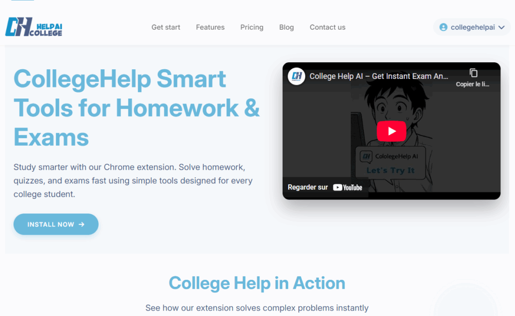 The dashboard of College Help AI showing its various features.