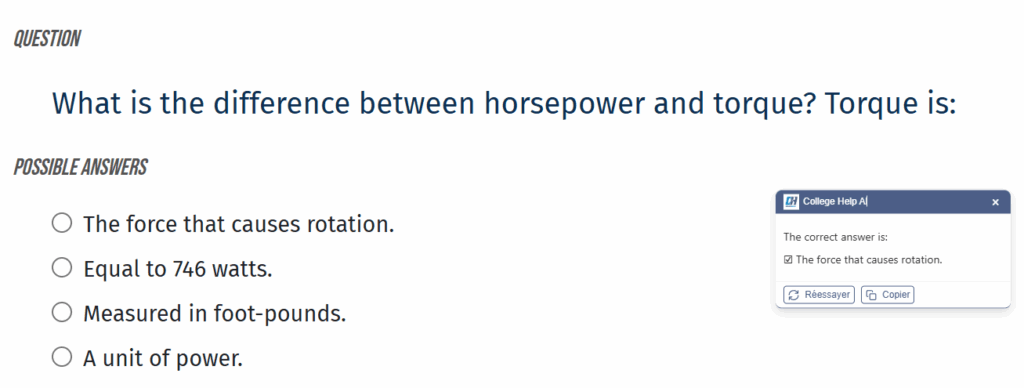 Screenshot of AI College Help open next to an online quiz question in Chrome
